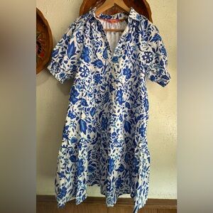 THML blue and white floral tiered mini dress - Size Small